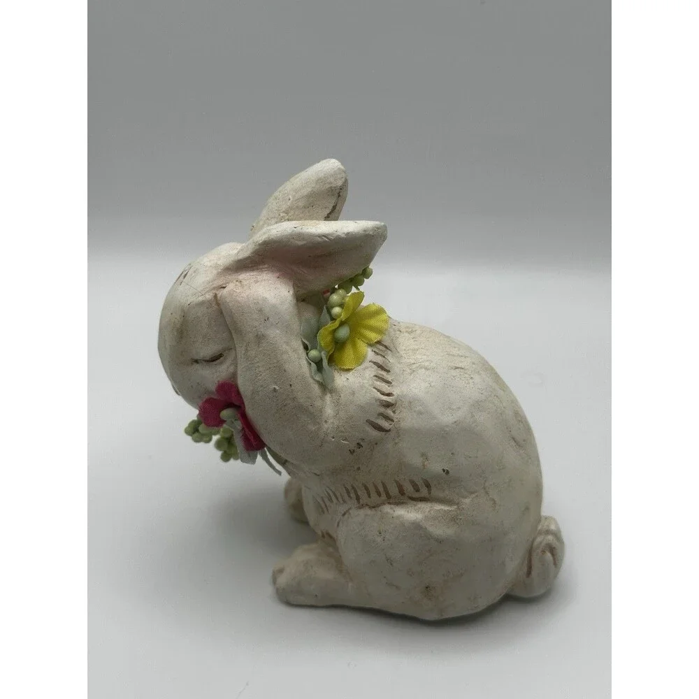 Vintage Bisque Rabbit Figurine w/ Fabric Flowers Sleeping Bunny Easter Decor